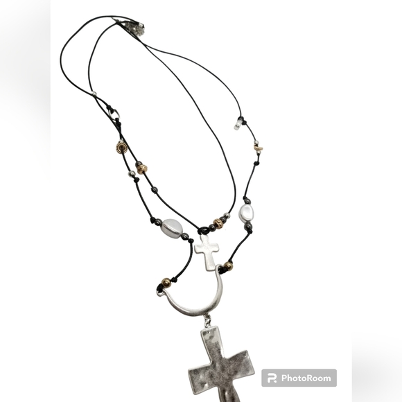 VINTAGE LAYERED SILVERTONED CROSS PENDANT & GOLD/ SILVER BEAD CORD NECKLACE - Picture 3 of 6